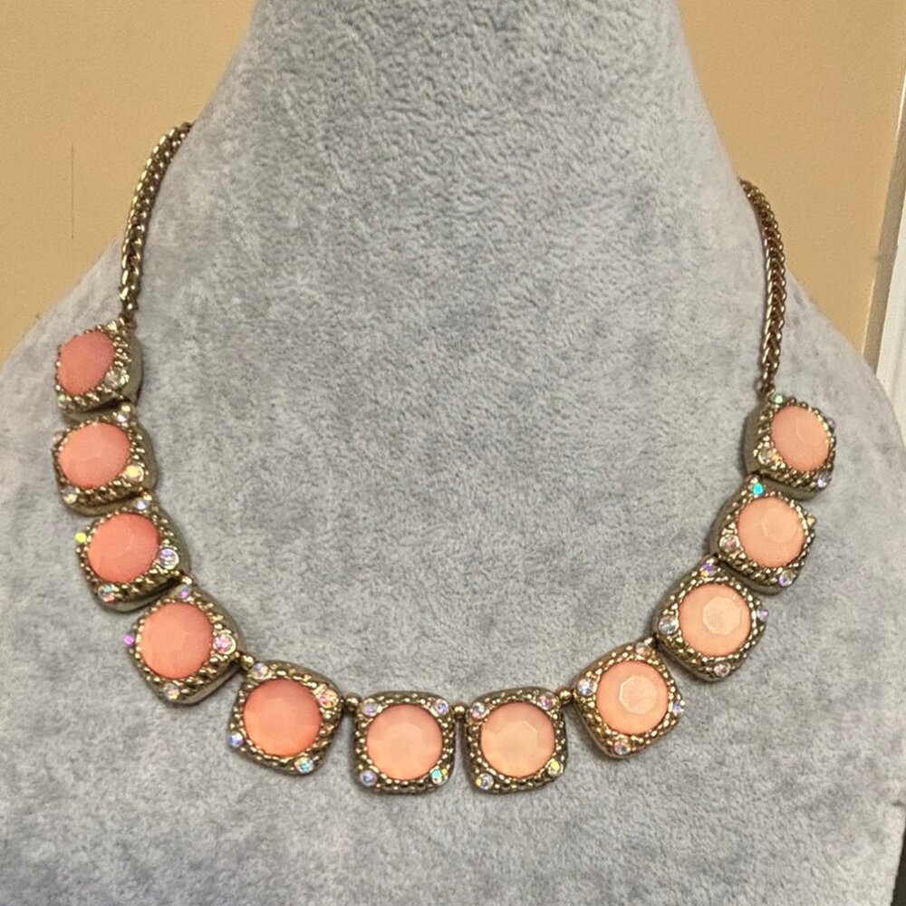 Peach bead And AB Crystal Stud On Gold Tone Necklace